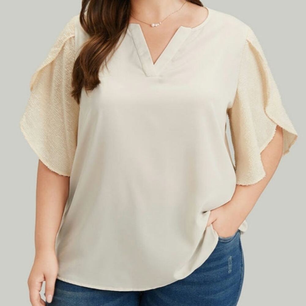 Sz 22/24W Bloomchic Anti-Wrinkle Solid Patchwork Petal Sleeve Notched Blouse